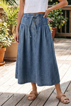 Sky Blue Stripe Button Pintuck High Waist Drawstring Denim Midi Skirt
