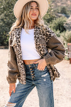 Brown Sherpa Leopard Print Flap Pocket Collared Button Up Jacket