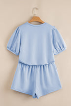 Beau Blue Puff Sleeve Pearl Embellished Scallop Trim Top 2 Piece Skort Set