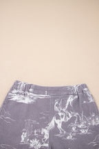 Gray Western Print Elastic Waist Cotton Denim Shorts