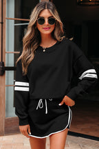 Orange Varsity Stripe Detail Drop Shoulder Pullover Mini Skort Set