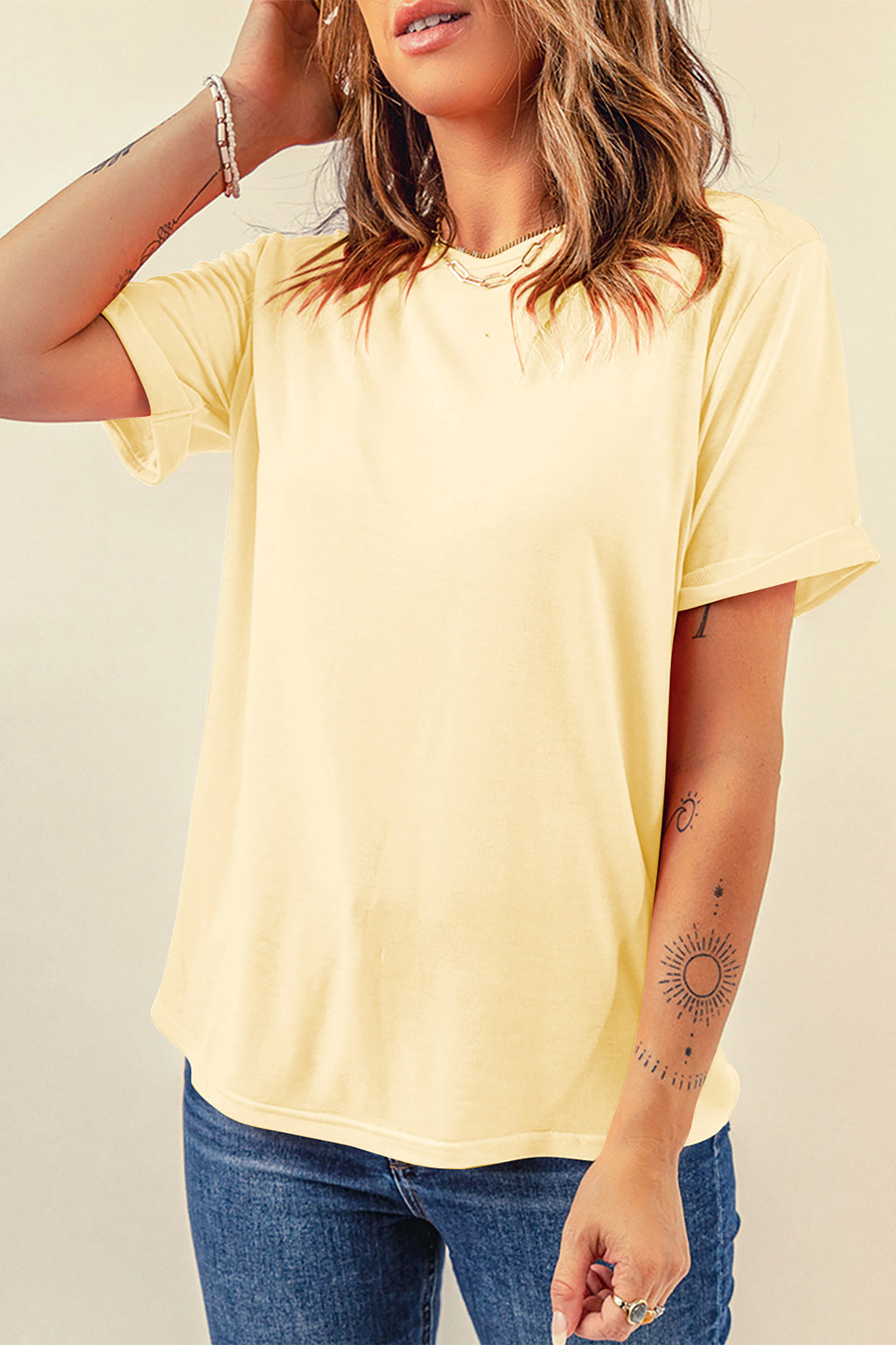 Orange Casual Plain Crew Neck Tee