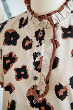 Khaki Leopard Printed Ruffle Sleeve Summer Blouse