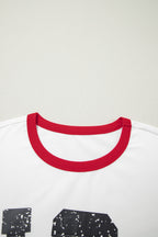 White USA Letter Printed Varsity Striped Sleeve Round Neck Tee