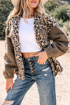 Brown Sherpa Leopard Print Flap Pocket Collared Button Up Jacket