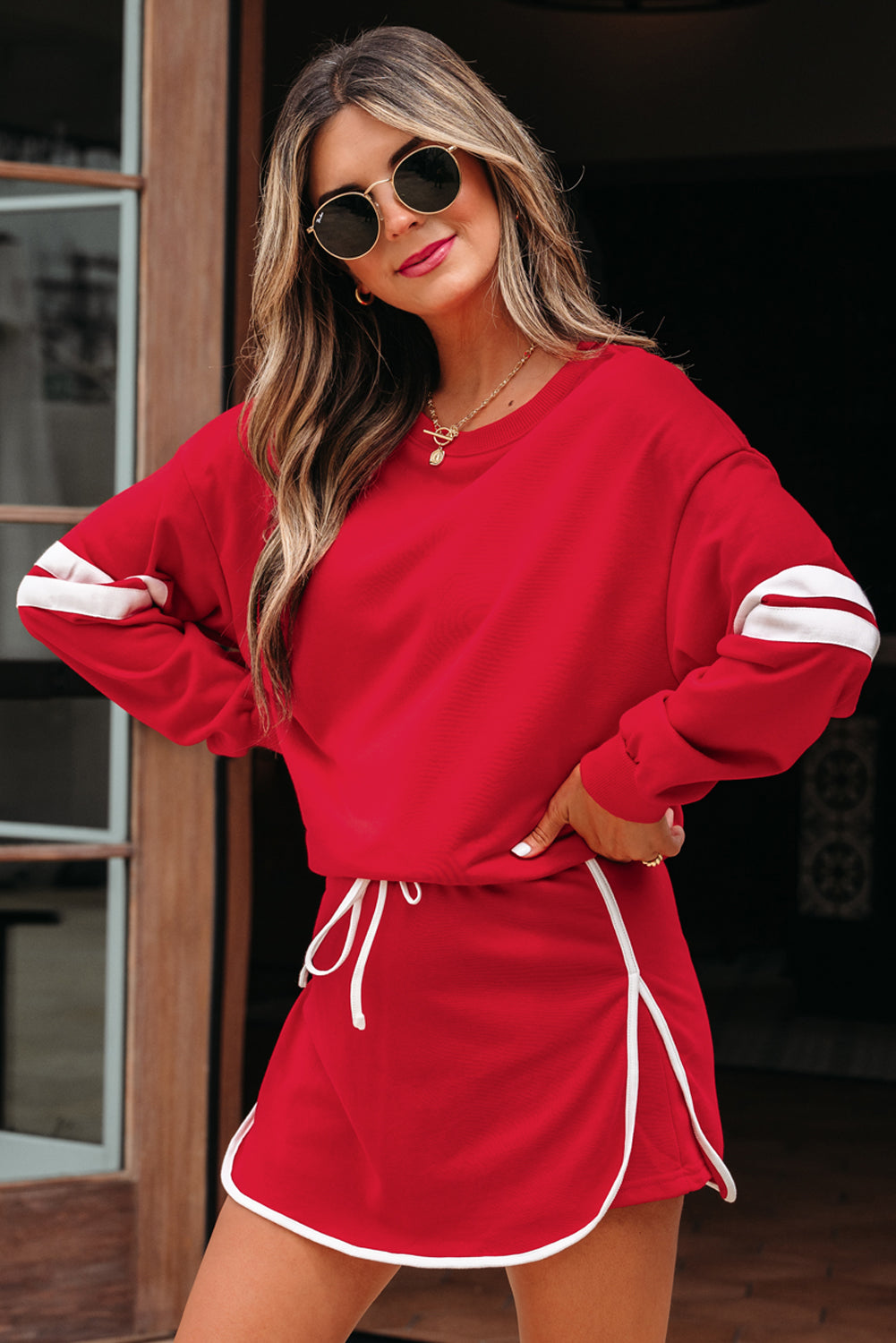 Orange Varsity Stripe Detail Drop Shoulder Pullover Mini Skort Set