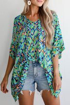 Pink Abstract Print V Neck Half Sleeve Loose Fit Tunic Blouse