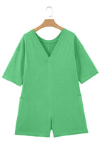 Pink Solid Color Raw Edge Half Sleeve Pocketed Loose Romper
