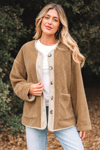 Light French Beige Puffy Plush Corduroy Edge Patchwork Jacket with Big Pockets