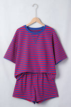 Blue Stripe Striped Ribbed Cotton Two-Piece Short Set with Chest Patch Detail