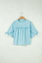 Mist Blue Tie Half Sleeve Pleated Detail Babydoll Blouse