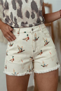 Beige Wild Duck Mallard High Waist Frayed Denim Shorts