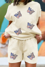 Apricot Patriotic Sequin Butterfly Graphic Stylish Textured Short Set