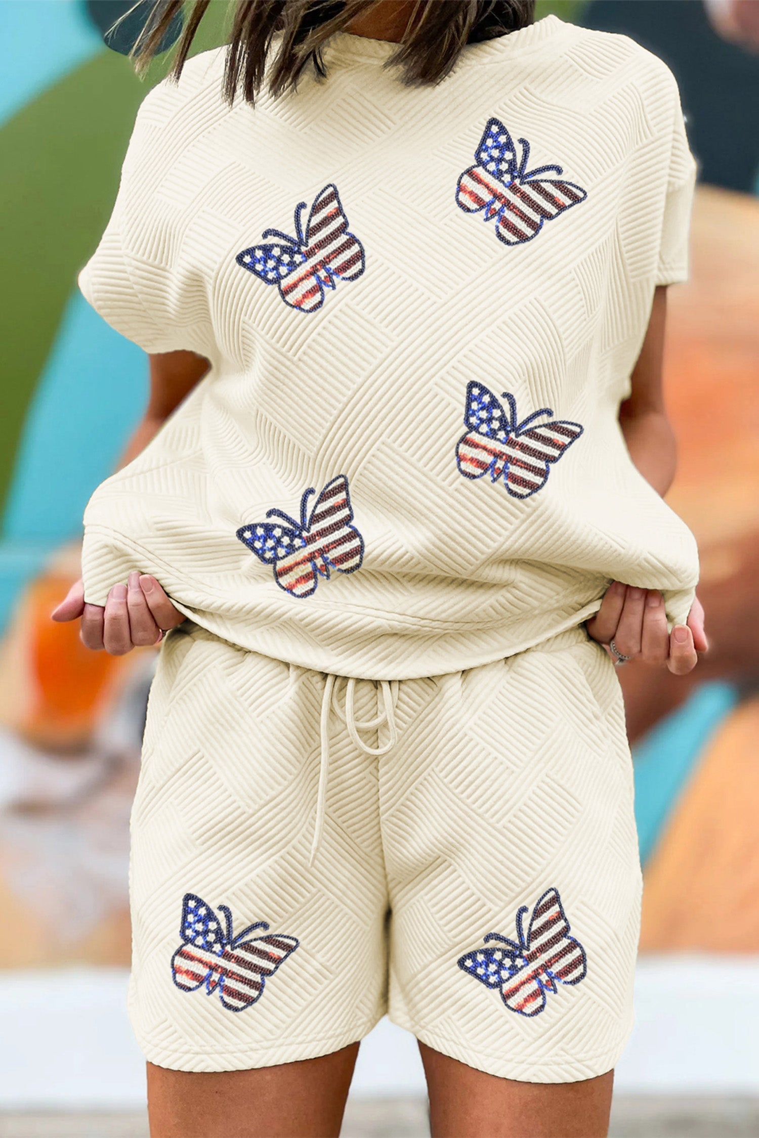 Apricot Patriotic Sequin Butterfly Graphic Stylish Textured Short Set