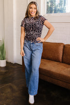 Khaki Leopard Print Sheer Mesh Short Sleeve Top
