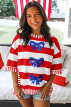 Red Stripe Sequin Bow Patriotic Half Sleeve Top