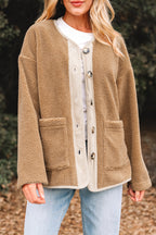 Light French Beige Puffy Plush Corduroy Edge Patchwork Jacket with Big Pockets