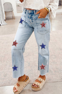 Beau Blue Patriotic Sequin Stars Patch Pocket Shift Jeans