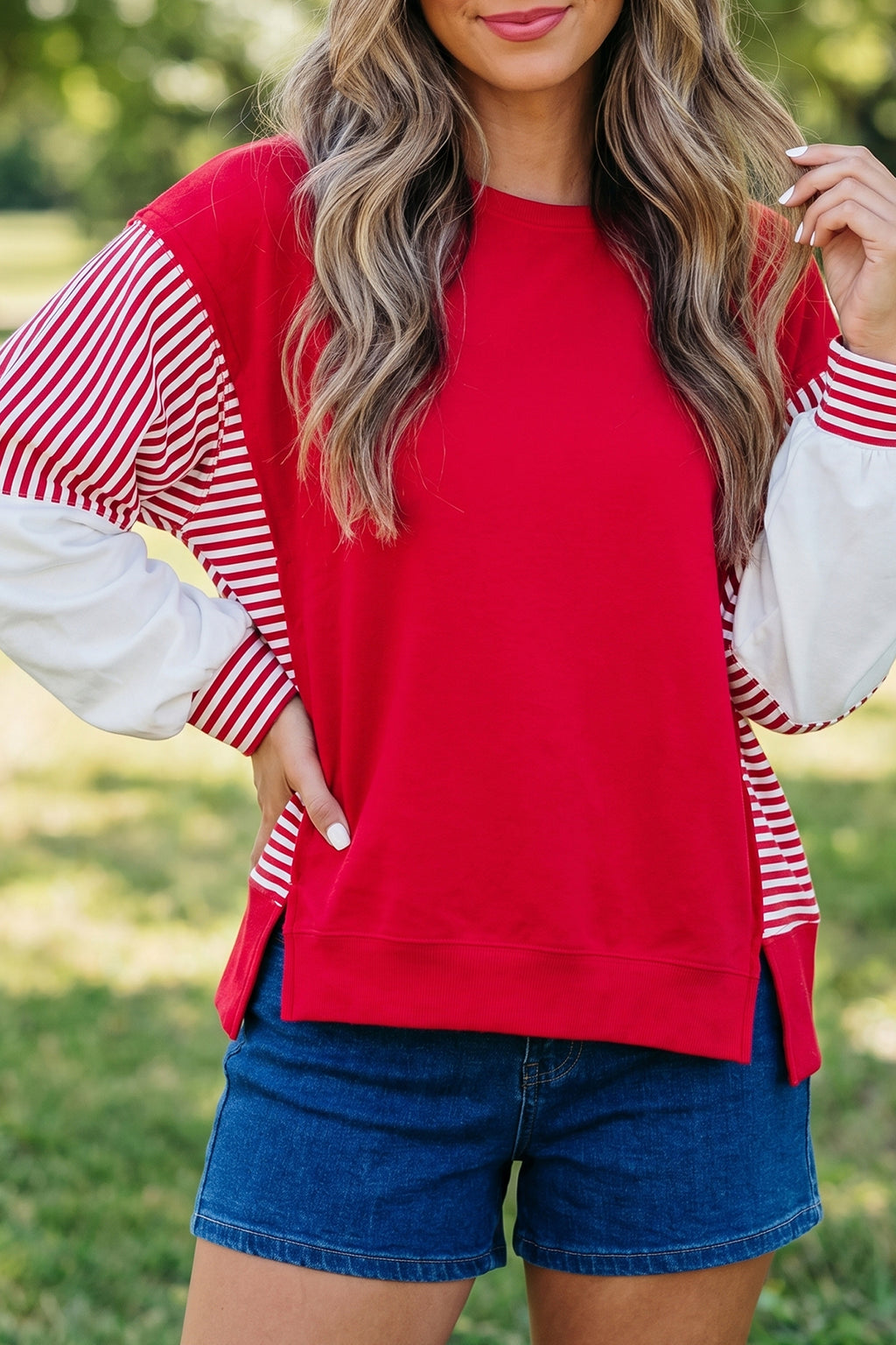 Racing Red Striped Patchwork Sleeve Colorblock Sweatshirt