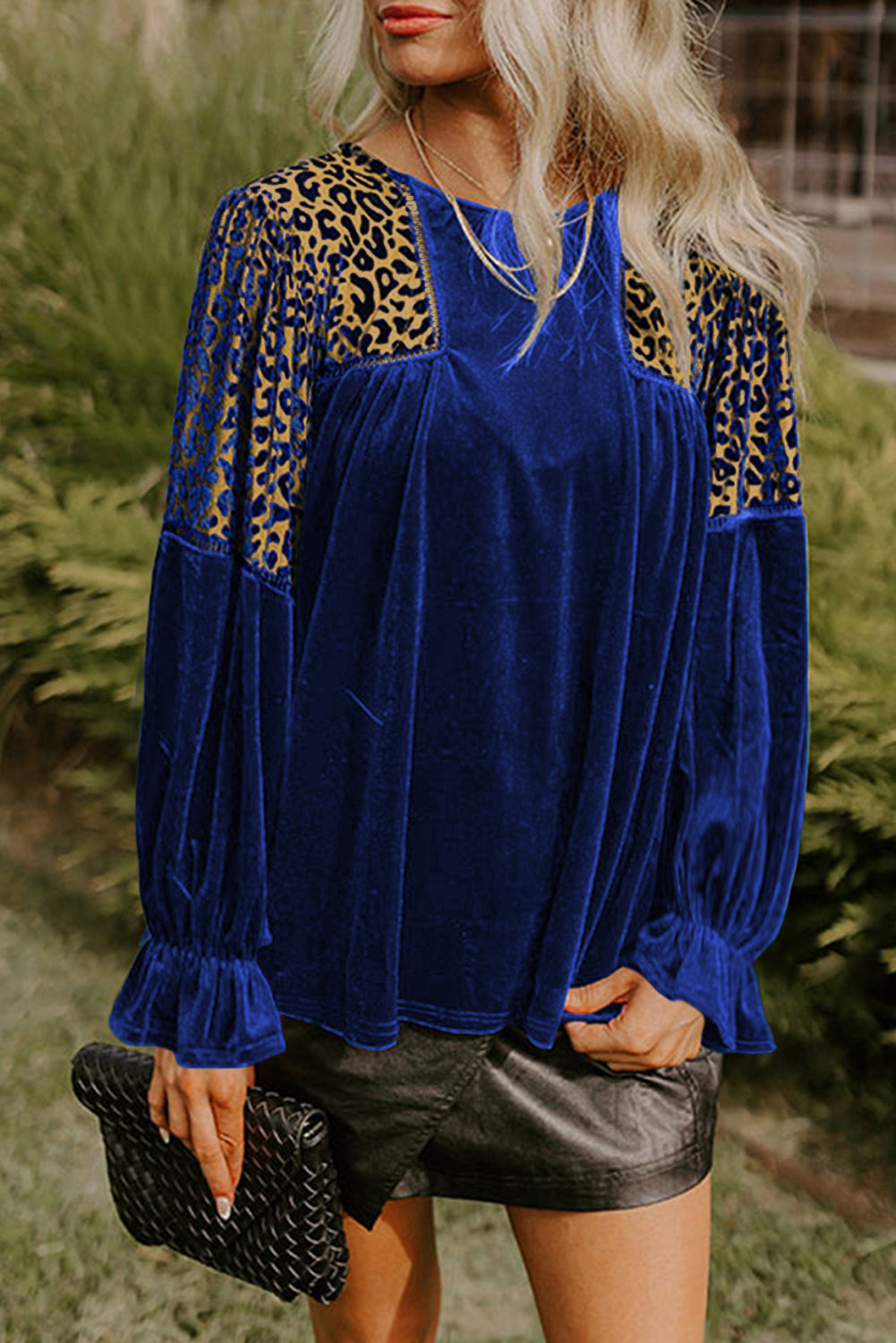 Sky Blue Leopard Patchwork Shoulder Flounce Sleeve Velvet Blouse