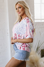 Sky Blue Mixed Leopard Print V Neck Short Sleeve Blouse