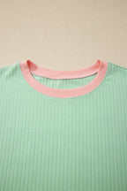 Yellow Cream Soft Ribbed Color Block Trim Casual Short Set