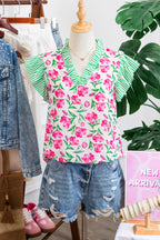 Multicolour Sweet Floral Print Striped Ruffle Trim V Neck Blouse