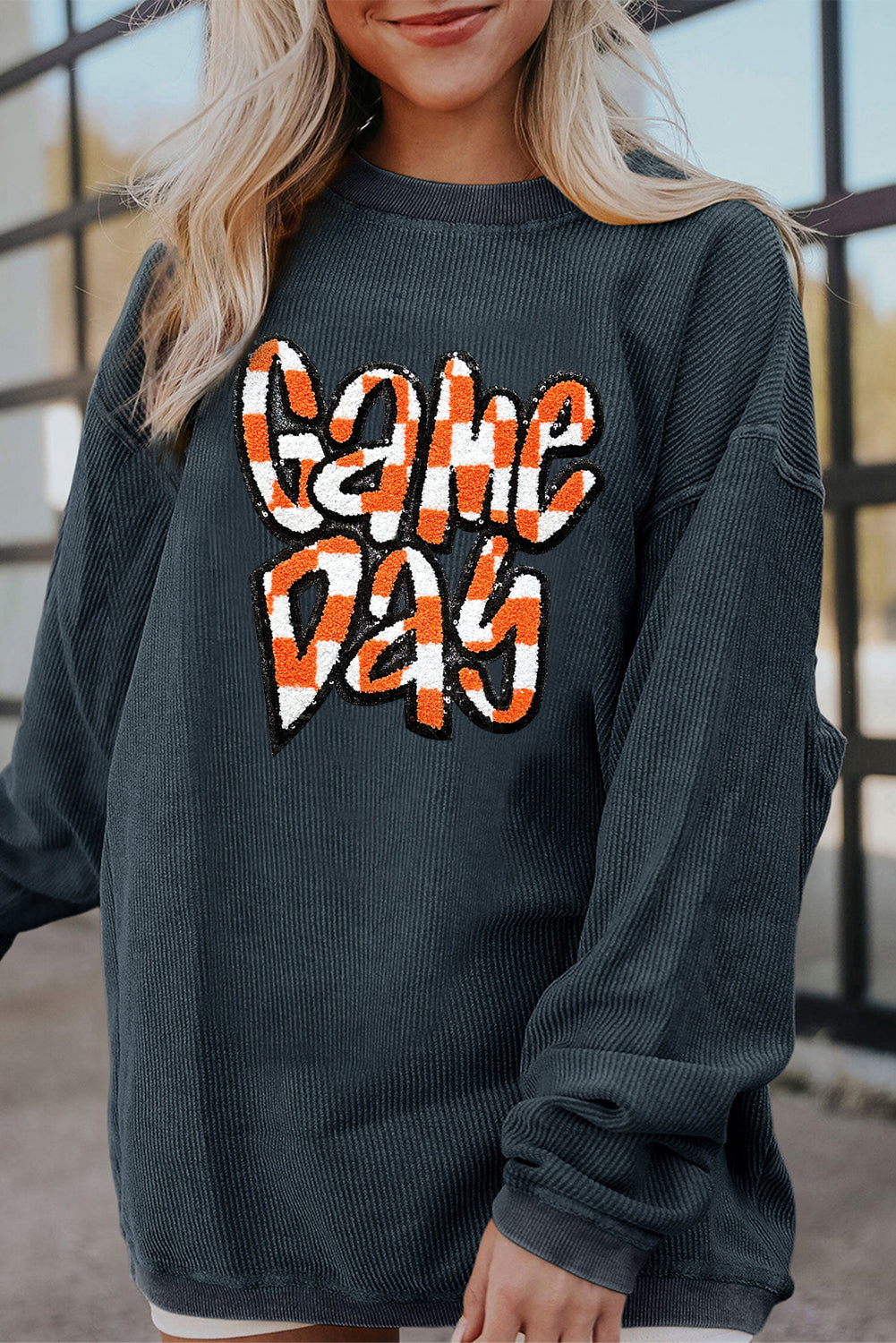 Dark Blue Chenille Checkered Game Day Graphic Drop Shoulder Corded Sweatshirt
