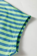 Yellow Stripe Colorblock Trim V Neck Tee Drawstring Elastic Waist Short Set