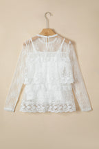 White 2pcs Sheer Floral Lace Ruffle Tiered Patchwork Blouse