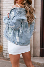 Sky Blue Sequin Embellished Fringe Distressed Denim Jacket