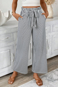 Black Stripe Tied High Waist Loose Straight Casual Pants