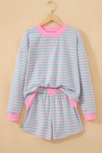 Yellow Stripe Color Block Detail Long Sleeve Pullover Elastic Waist Pull On Shorts 2pcs Set