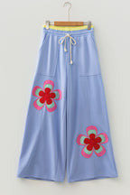 Grapefruit Orange Color Block Flower Patchwork Drawstring Contrasted Elastic Waist Wide Leg Pants