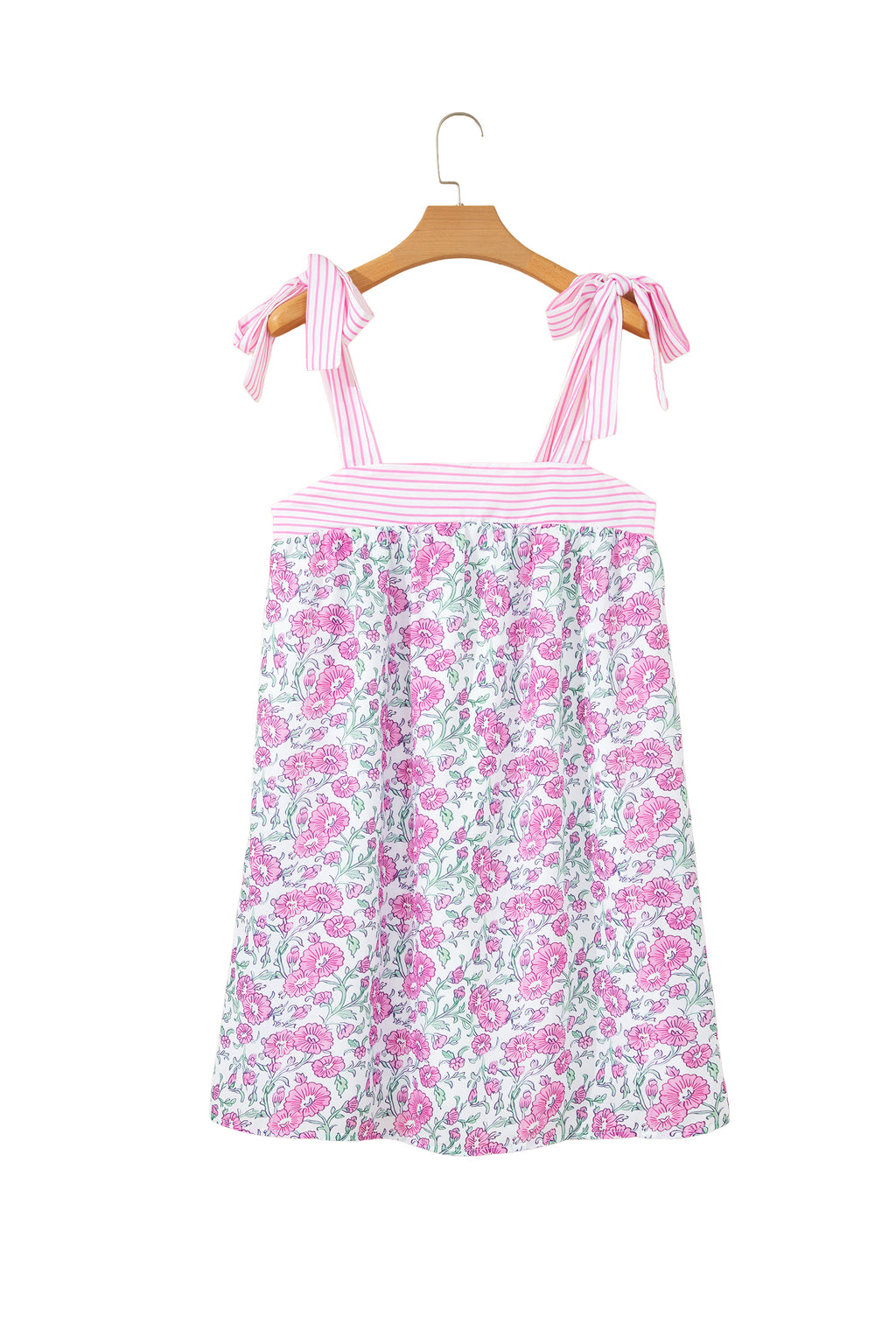 Sky Blue Floral Print Striped Patchwork Bow Knot Straps Mini Dress