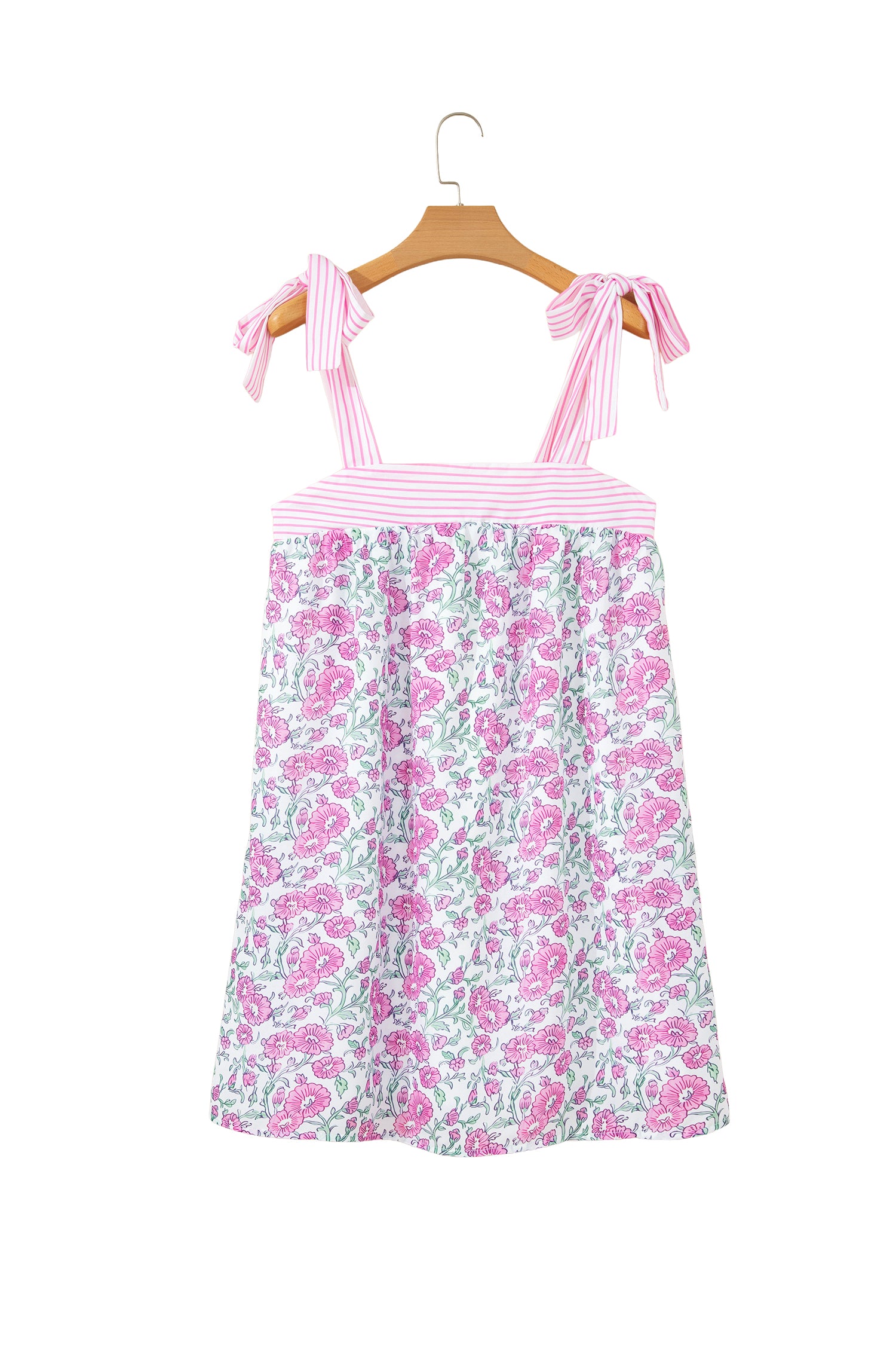 Sky Blue Floral Print Striped Patchwork Bow Knot Straps Mini Dress