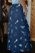 White Western Print Satin Long Skirt