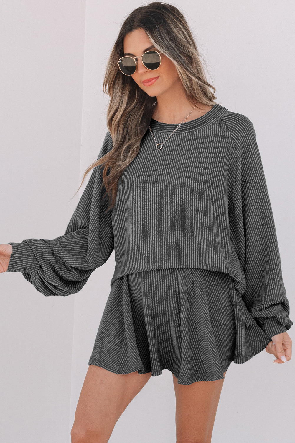Mist Green Corded Lantern Sleeve Top High Waist Ruffled Mini Skort Set