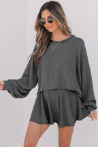 Mist Green Corded Lantern Sleeve Top High Waist Ruffled Mini Skort Set