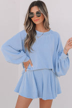 Mist Green Corded Lantern Sleeve Top High Waist Ruffled Mini Skort Set