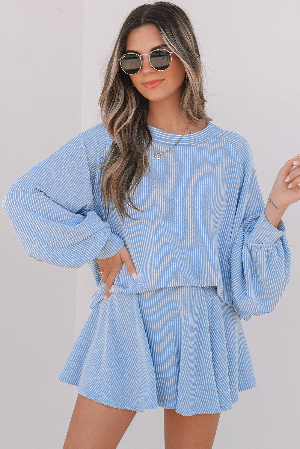 Mist Green Corded Lantern Sleeve Top High Waist Ruffled Mini Skort Set