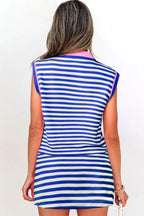 Bright Green Textured Stripe Print Contrast Trim Zip Collar Sleeveless 2pcs Skort Set