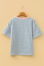 Sky Blue Stripe Patriotic Sequin Stars Decoration Short Sleeve T Shirt