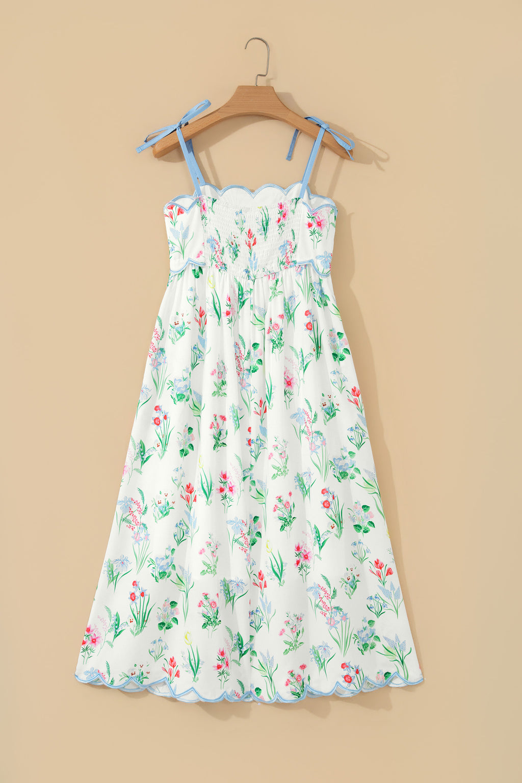 Beige Floral Print Contrast Trim Self-tie Straps High Waist Midi Dress
