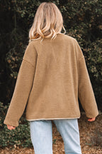 Light French Beige Puffy Plush Corduroy Edge Patchwork Jacket with Big Pockets