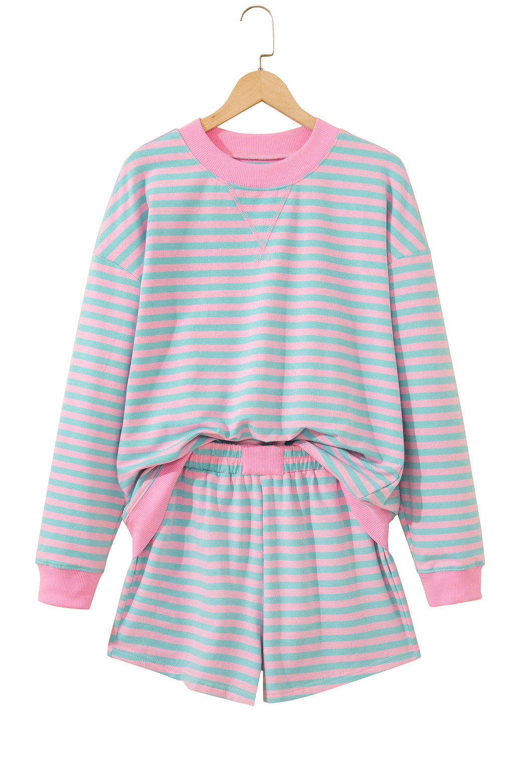 Yellow Stripe Color Block Detail Long Sleeve Pullover Elastic Waist Pull On Shorts 2pcs Set