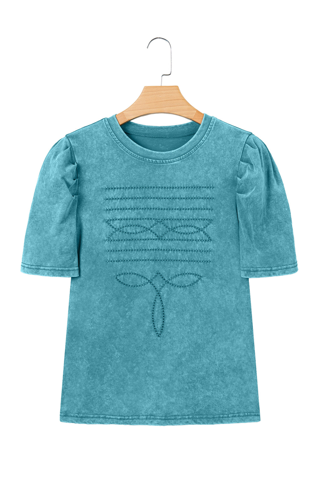 Turquoise Mineral Wash Western Embroidered Detail Short Puff Sleeve Cotton Tee