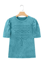 Turquoise Mineral Wash Western Embroidered Detail Short Puff Sleeve Cotton Tee