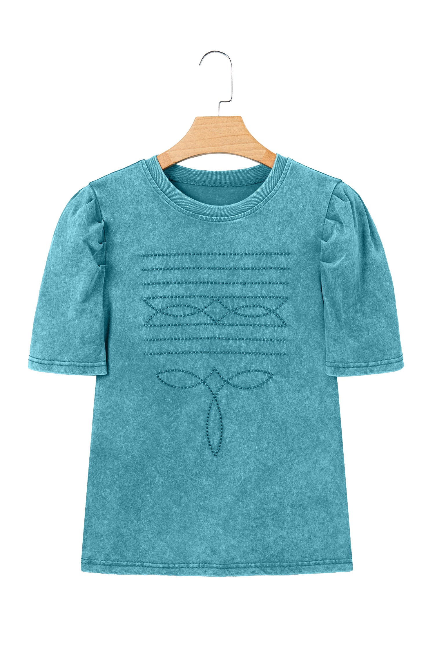 Turquoise Mineral Wash Western Embroidered Detail Short Puff Sleeve Cotton Tee