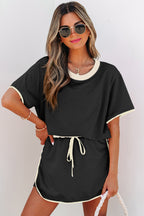 Turquoise Colorblock Edge Drop Shoulder T Shirt and Skort 2Pcs Set